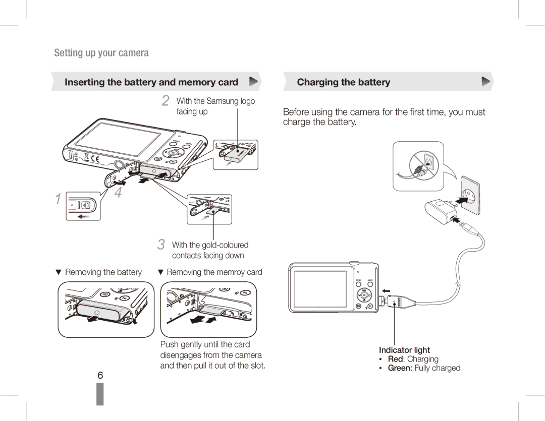 Samsung EC-ST70ZZDPOME, EC-ST70ZZBPOE1 Setting up your camera, Inserting the battery and memory card Charging the battery 