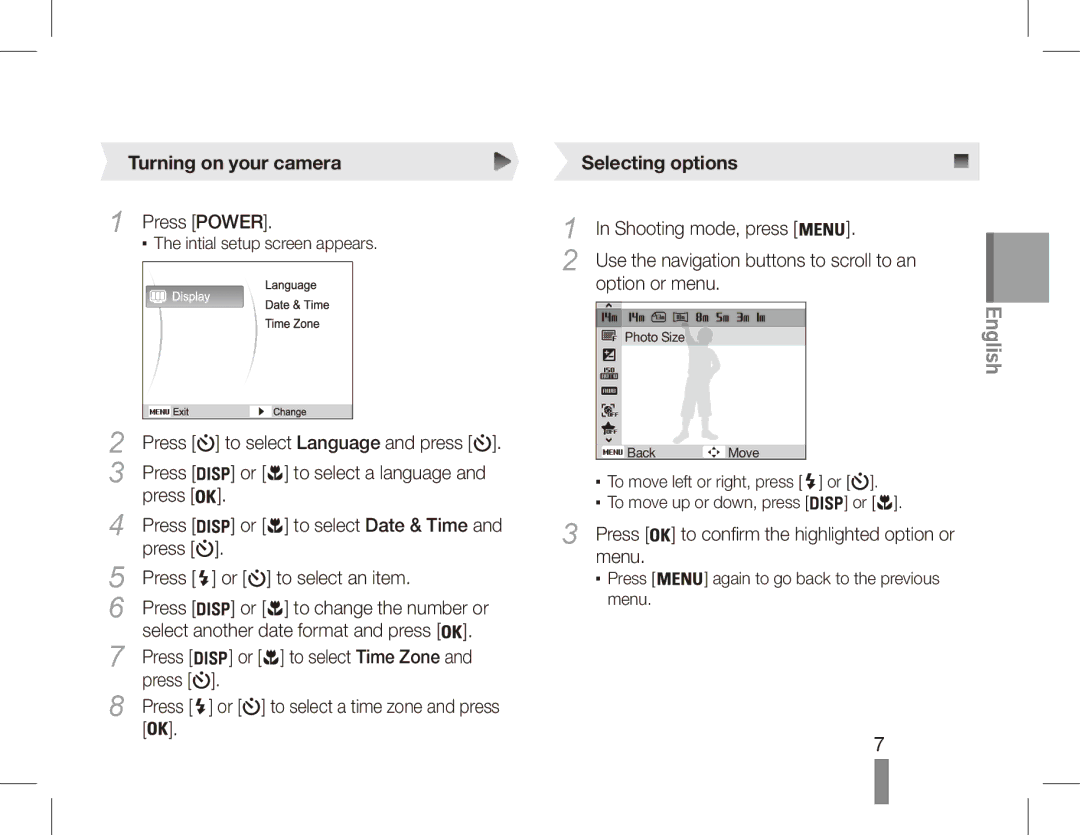 Samsung EC-ST70ZZBPBZA, EC-ST70ZZBPOE1, EC-ST71ZZBDSE1, EC-ST71ZZBDUE1 manual Turning on your camera, Selecting options 