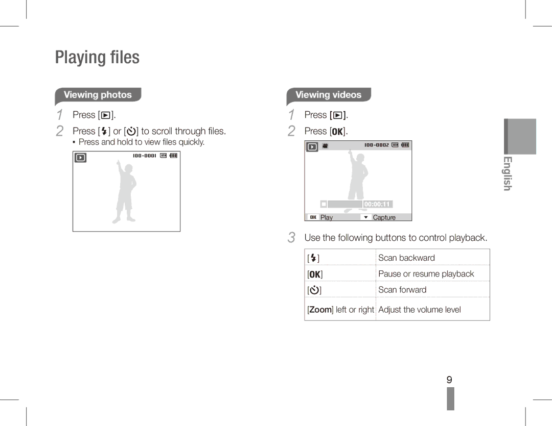 Samsung EC-ST70ZZDPBME manual Playing files, Viewing photos, Viewing videos, Use the following buttons to control playback 