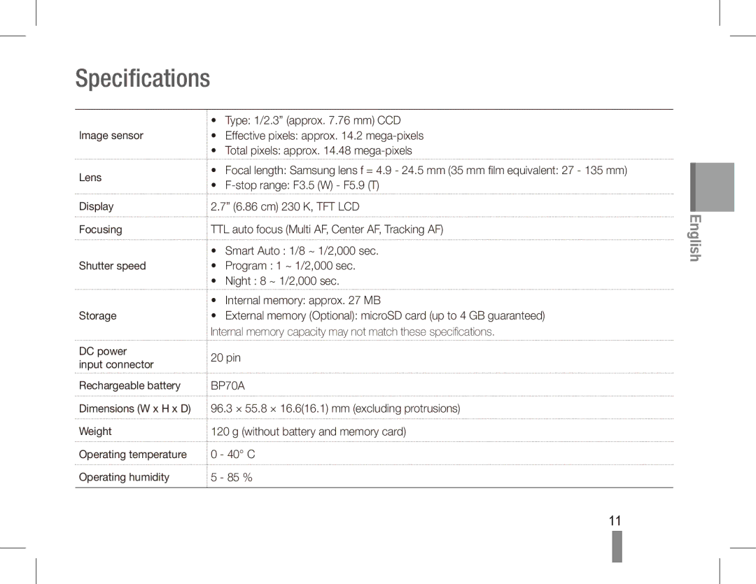 Samsung EC-ST70ZZDPUIR, EC-ST70ZZBPOE1, EC-ST71ZZBDSE1, EC-ST71ZZBDUE1, EC-ST70ZZBPUE1, EC-ST70ZZBPBE1 manual Specifications 