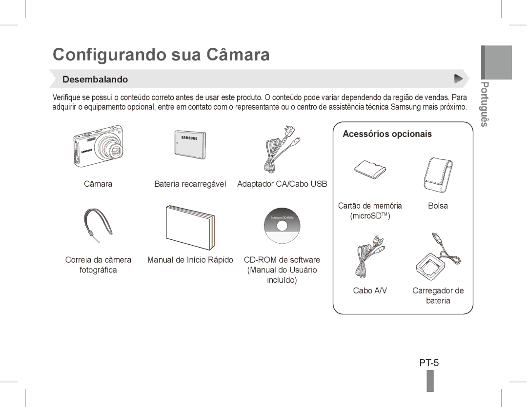 Samsung EC-ST70ZZBPSE1, EC-ST70ZZBPOE1, EC-ST71ZZBDSE1 manual Configurando sua Câmara, Desembalando, Acessórios opcionais 