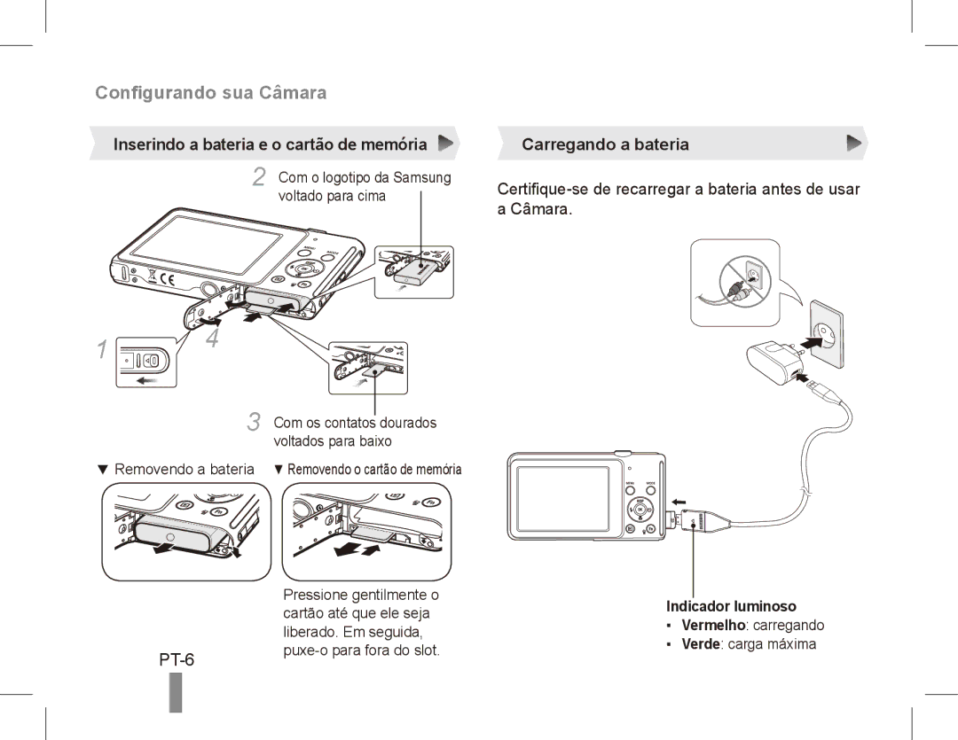 Samsung EC-ST71ZZBDBE1, EC-ST70ZZBPOE1 Inserindo a bateria e o cartão de memória, Carregando a bateria, Indicador luminoso 