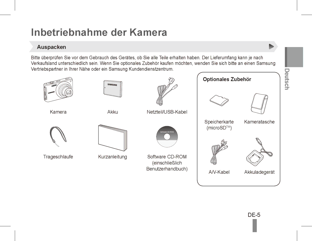 Samsung EC-ST70ZZBPSSA, EC-ST70ZZBPOE1, EC-ST71ZZBDSE1 manual Inbetriebnahme der Kamera, DE-5, Auspacken, Optionales Zubehör 