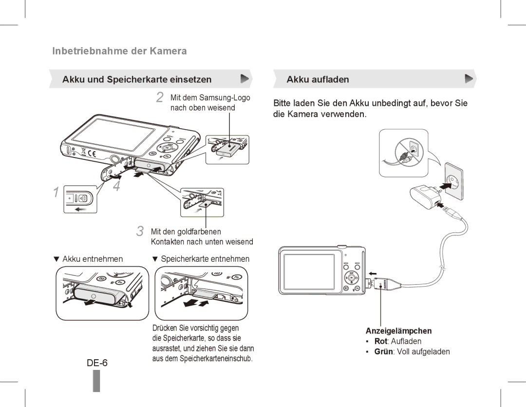 Samsung EC-ST70ZZDPSIR, EC-ST70ZZBPOE1 manual DE-6, Akku und Speicherkarte einsetzen, Akku aufladen, Anzeigelämpchen 