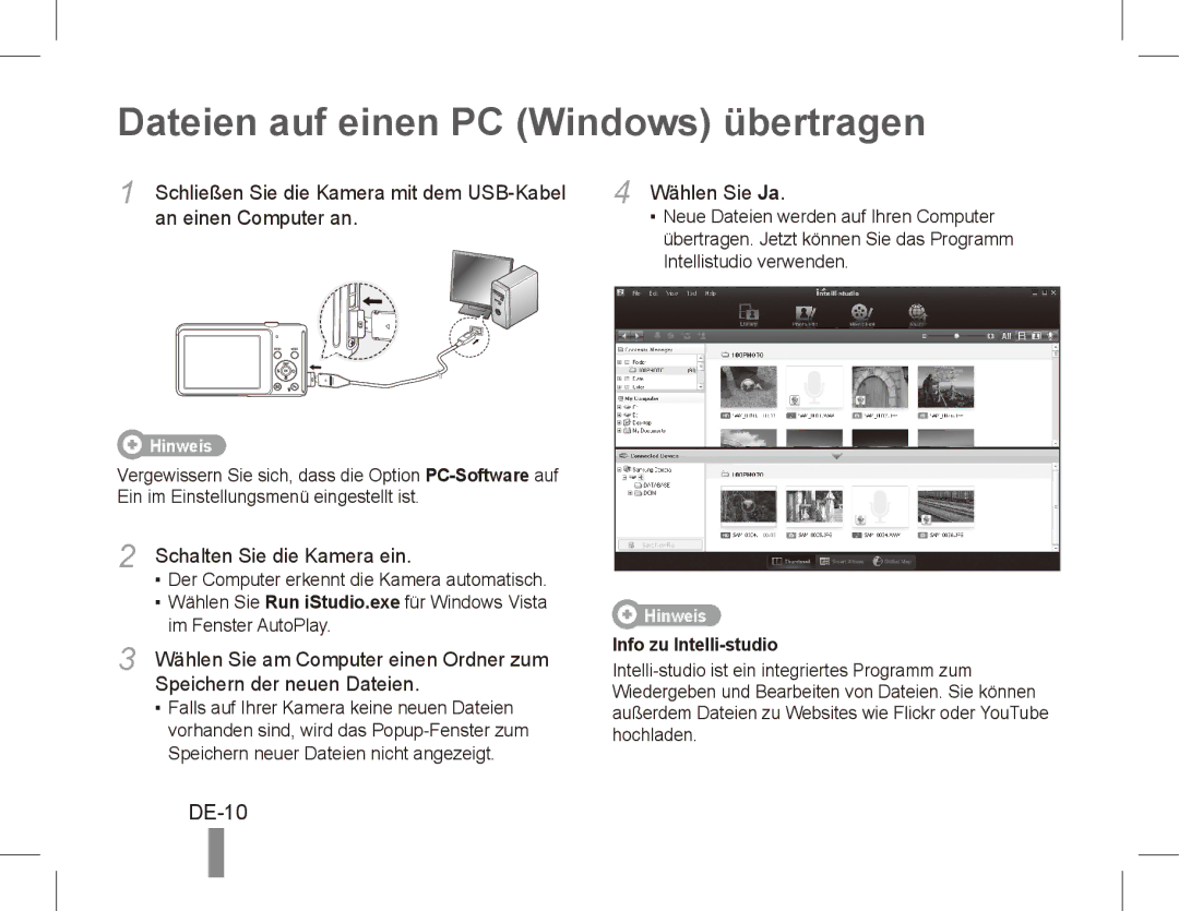 Samsung EC-ST70ZZBPODX, EC-ST70ZZBPOE1, EC-ST71ZZBDSE1, EC-ST71ZZBDUE1 manual Dateien auf einen PC Windows übertragen, DE-10 