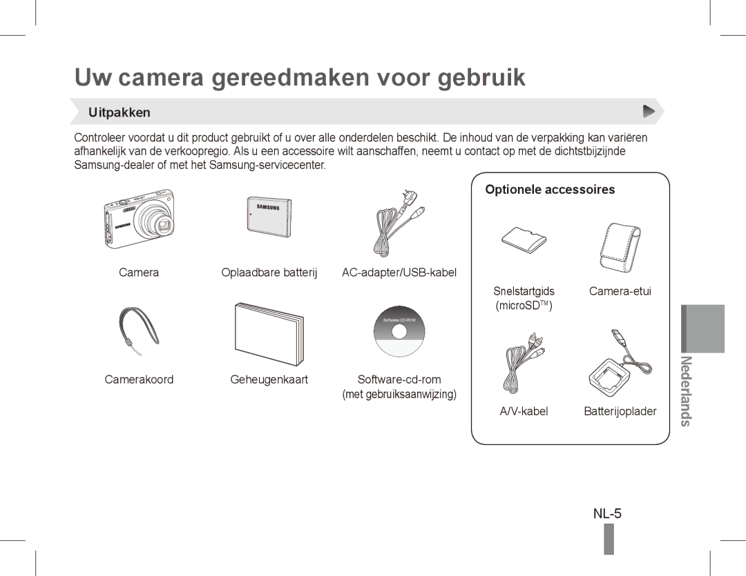 Samsung EC-ST70ZZBPOE1, EC-ST71ZZBDSE1 manual Uw camera gereedmaken voor gebruik, NL-5, Uitpakken, Optionele accessoires 