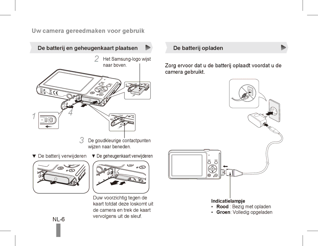 Samsung EC-ST71ZZBDSE1 NL-6, De batterij en geheugenkaart plaatsen De batterij opladen, Camera gebruikt, Indicatielampje 