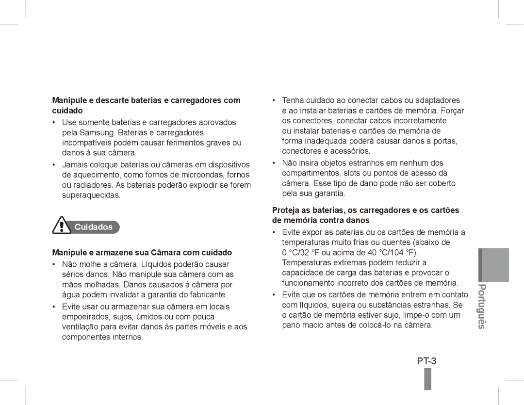 Samsung EC-ST70ZZBPBIT, EC-ST70ZZBPOE1 manual PT-3, Manipule e descarte baterias e carregadores com cuidado, Cuidados 