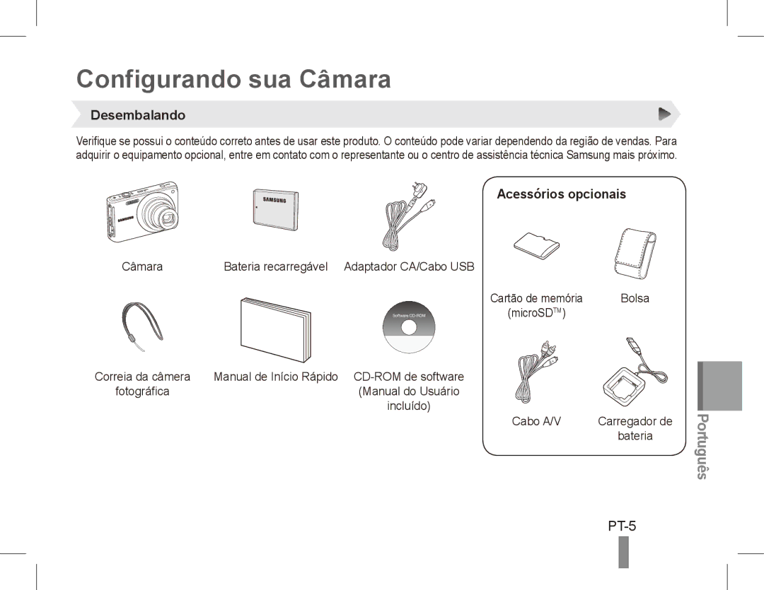 Samsung EC-ST70ZZBPOIT, EC-ST70ZZBPOE1, EC-ST71ZZBDSE1 Configurando sua Câmara, PT-5, Desembalando, Acessórios opcionais 