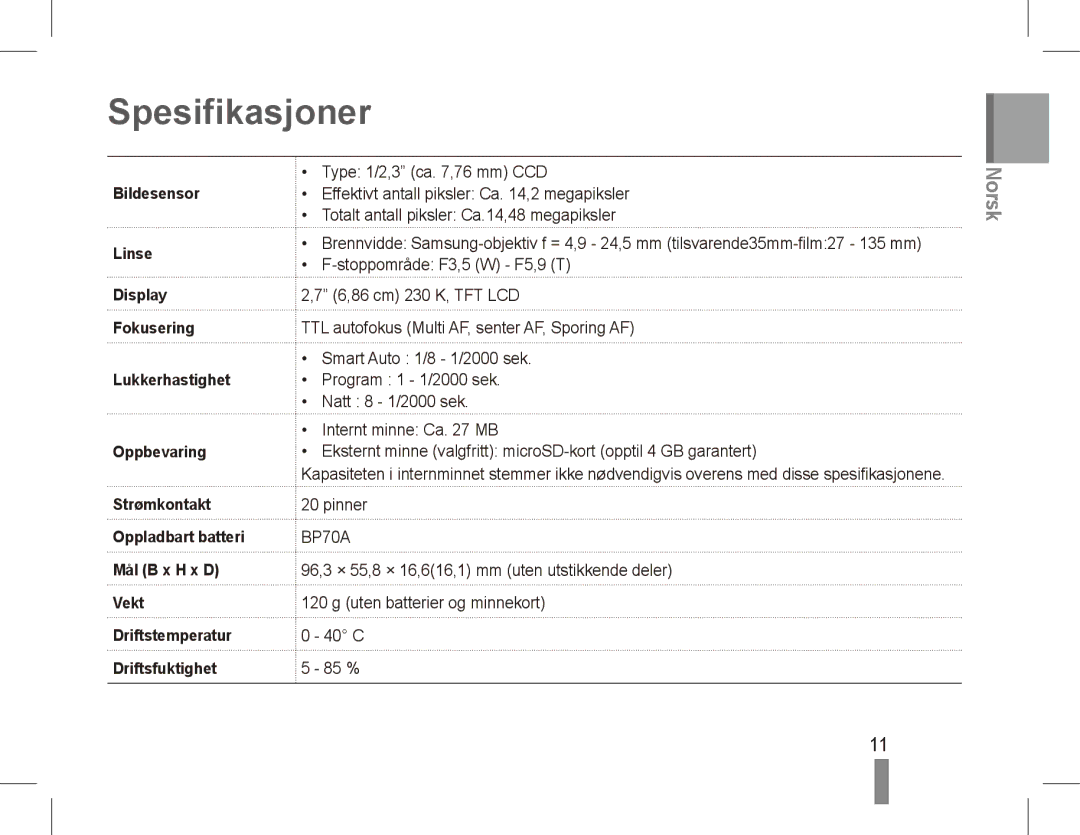 Samsung EC-ST70ZZBPURU, EC-ST70ZZBPOE1, EC-ST71ZZBDSE1, EC-ST71ZZBDUE1, EC-ST70ZZBPUE1, EC-ST70ZZBPBE1 manual Spesifikasjoner 