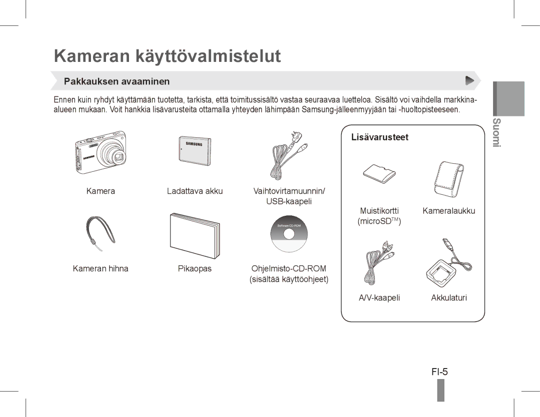 Samsung EC-ST70ZZBPSSA, EC-ST70ZZBPOE1, EC-ST71ZZBDSE1 Kameran käyttövalmistelut, FI-5, Pakkauksen avaaminen, Lisävarusteet 