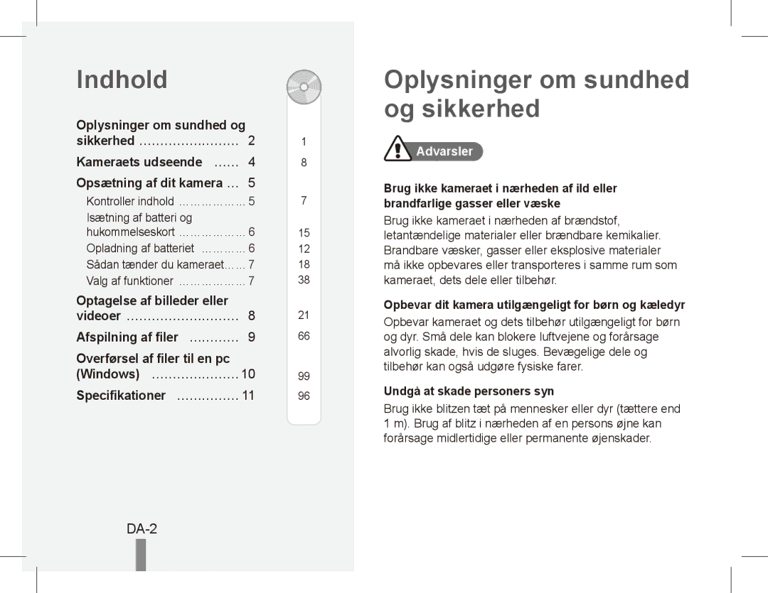 Samsung EC-ST70ZZBPSVN, EC-ST70ZZBPOE1, EC-ST71ZZBDSE1, EC-ST71ZZBDUE1 Indhold, Oplysninger om sundhed og sikkerhed, DA-2 