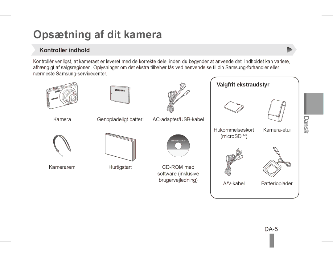 Samsung EC-ST70ZZBPBVN, EC-ST70ZZBPOE1 manual Opsætning af dit kamera, DA-5, Kontroller indhold, Valgfrit ekstraudstyr 