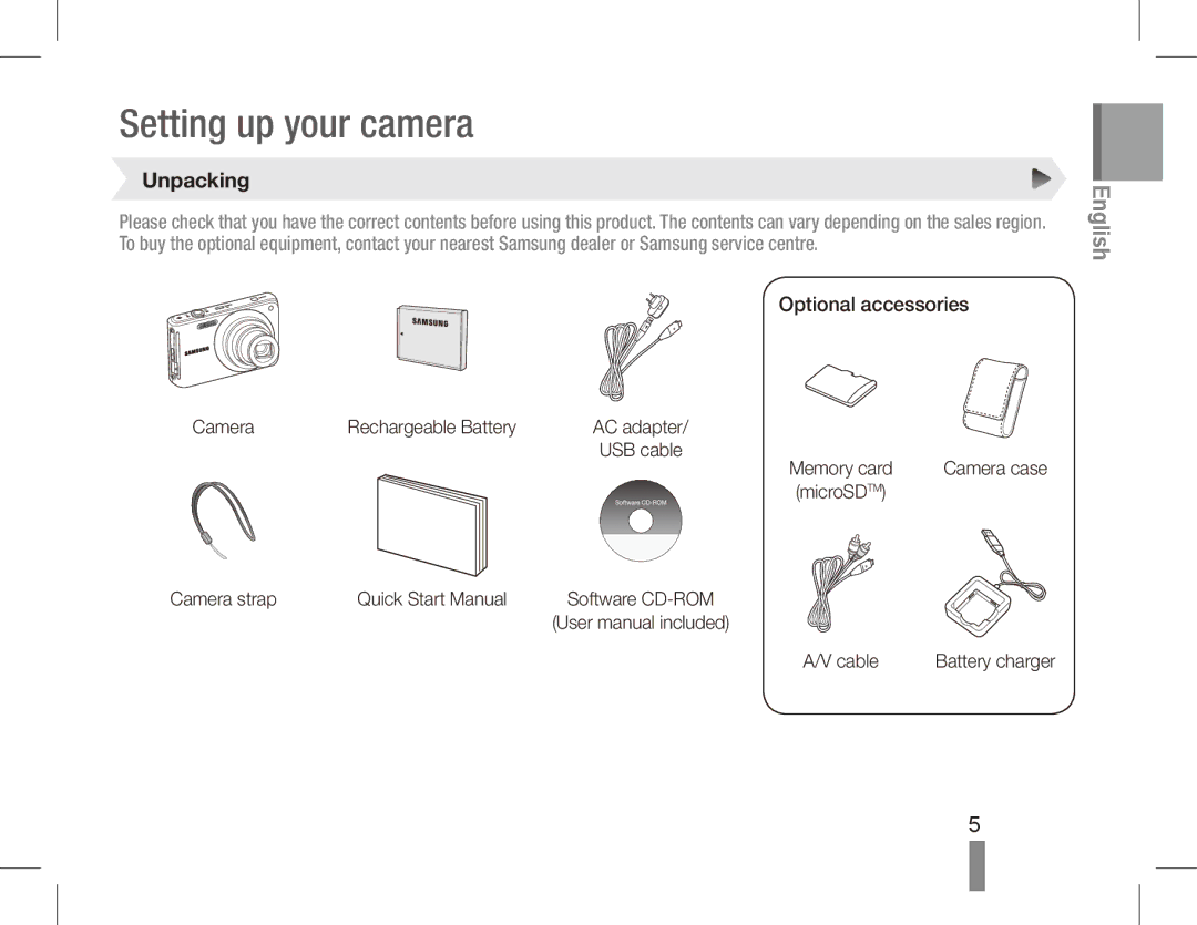 Samsung EC-ST70ZZBPSE1, EC-ST70ZZBPOE1, EC-ST71ZZBDSE1, EC-ST71ZZBDUE1, EC-ST70ZZBPUE1 manual Unpacking, Optional accessories 