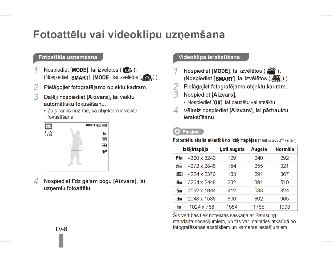 Samsung EC-ST70ZZBPUE1, EC-ST70ZZBPOE1, EC-ST71ZZBDSE1, EC-ST71ZZBDUE1 manual Fotoattēlu vai videoklipu uzņemšana, LV-8 