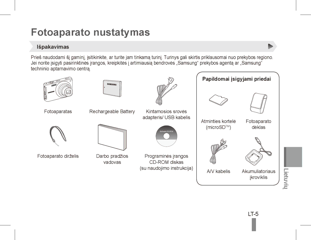 Samsung EC-ST70ZZBPOIT, EC-ST70ZZBPOE1 manual Fotoaparato nustatymas, LT-5, Išpakavimas, Papildomai įsigyjami priedai 