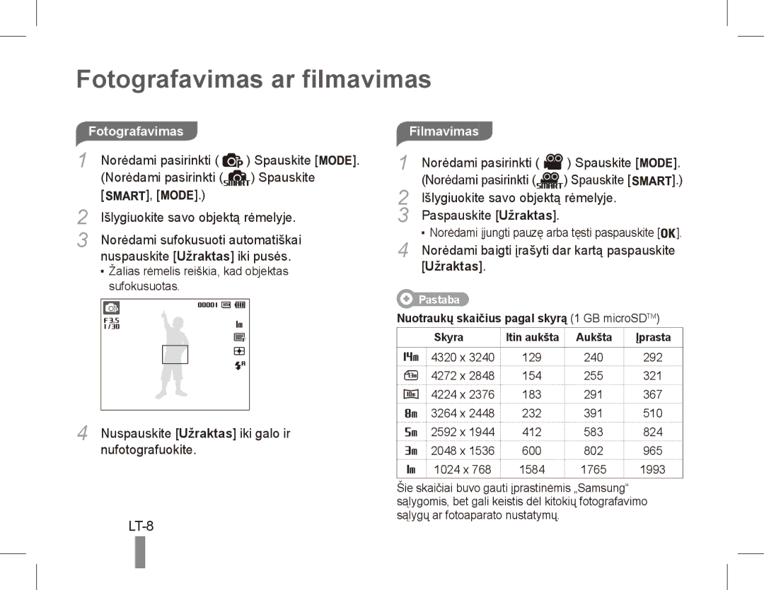 Samsung EC-ST70ZZBPOIL, EC-ST70ZZBPOE1 manual Fotografavimas ar filmavimas, LT-8, Fotografavimas Filmavimas, Užraktas 