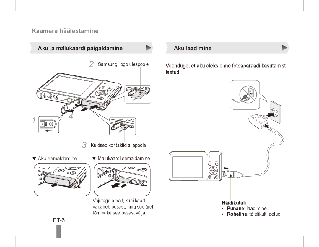 Samsung EC-ST70ZZBPSDZ, EC-ST70ZZBPOE1, EC-ST71ZZBDSE1 ET-6, Aku ja mälukaardi paigaldamine, Aku laadimine, Näidikutuli 