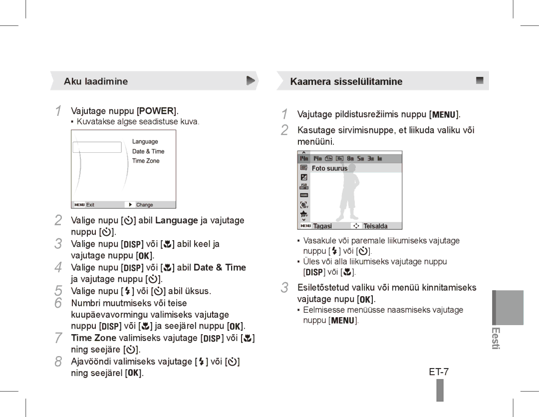 Samsung EC-ST70ZZDPBIR, EC-ST70ZZBPOE1, EC-ST71ZZBDSE1, EC-ST71ZZBDUE1, EC-ST70ZZBPUE1 manual ET-7, Vajutage nuppu Power 