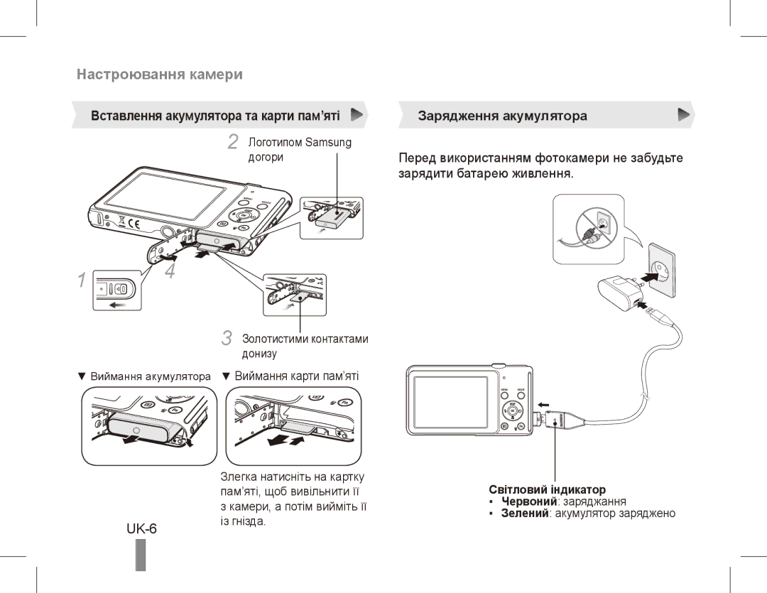 Samsung EC-ST70ZZDPUIR, EC-ST70ZZBPOE1, EC-ST71ZZBDSE1, EC-ST71ZZBDUE1 UK-6, Зарядити батарею живлення, Світловий індикатор 