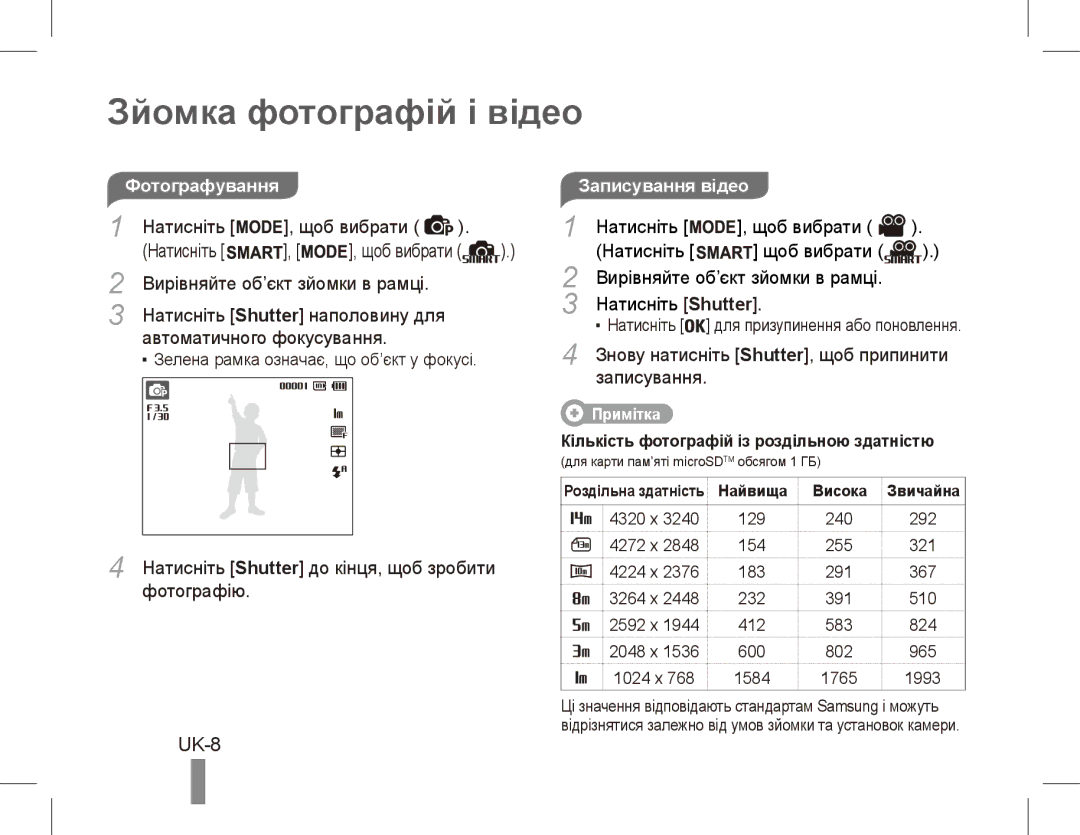 Samsung EC-ST70ZZBPUVN, EC-ST70ZZBPOE1, EC-ST71ZZBDSE1, EC-ST71ZZBDUE1 Зйомка фотографій і відео, UK-8, Записування відео 