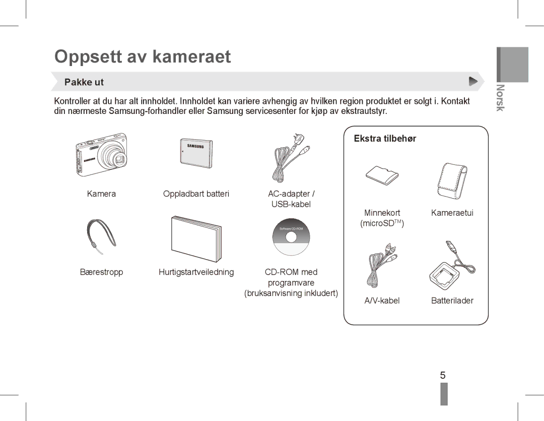 Samsung EC-ST70ZZBPOE3, EC-ST70ZZBPOE1, EC-ST71ZZBDSE1, EC-ST71ZZBDUE1 manual Oppsett av kameraet, Pakke ut, Ekstra tilbehør 