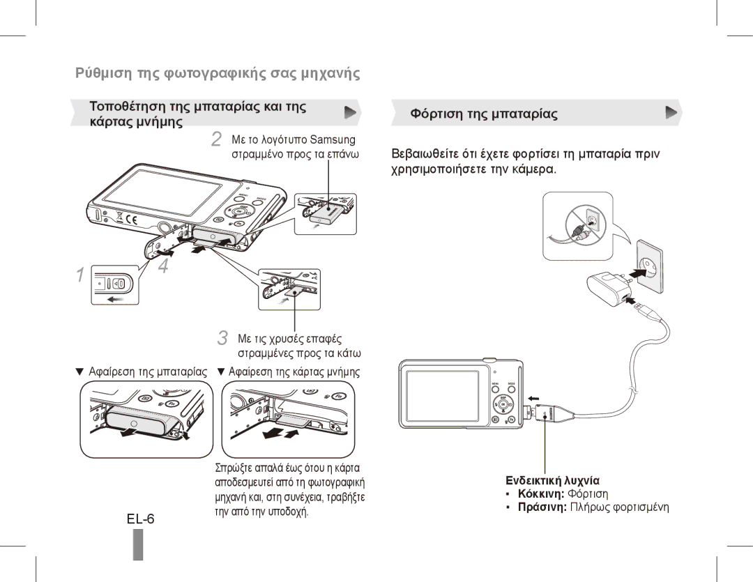 Samsung EC-ST71ZZBCBRU manual Ρύθμιση της φωτογραφικής σας μηχανής, EL-6, Τοποθέτηση της μπαταρίας και της κάρτας μνήμης 