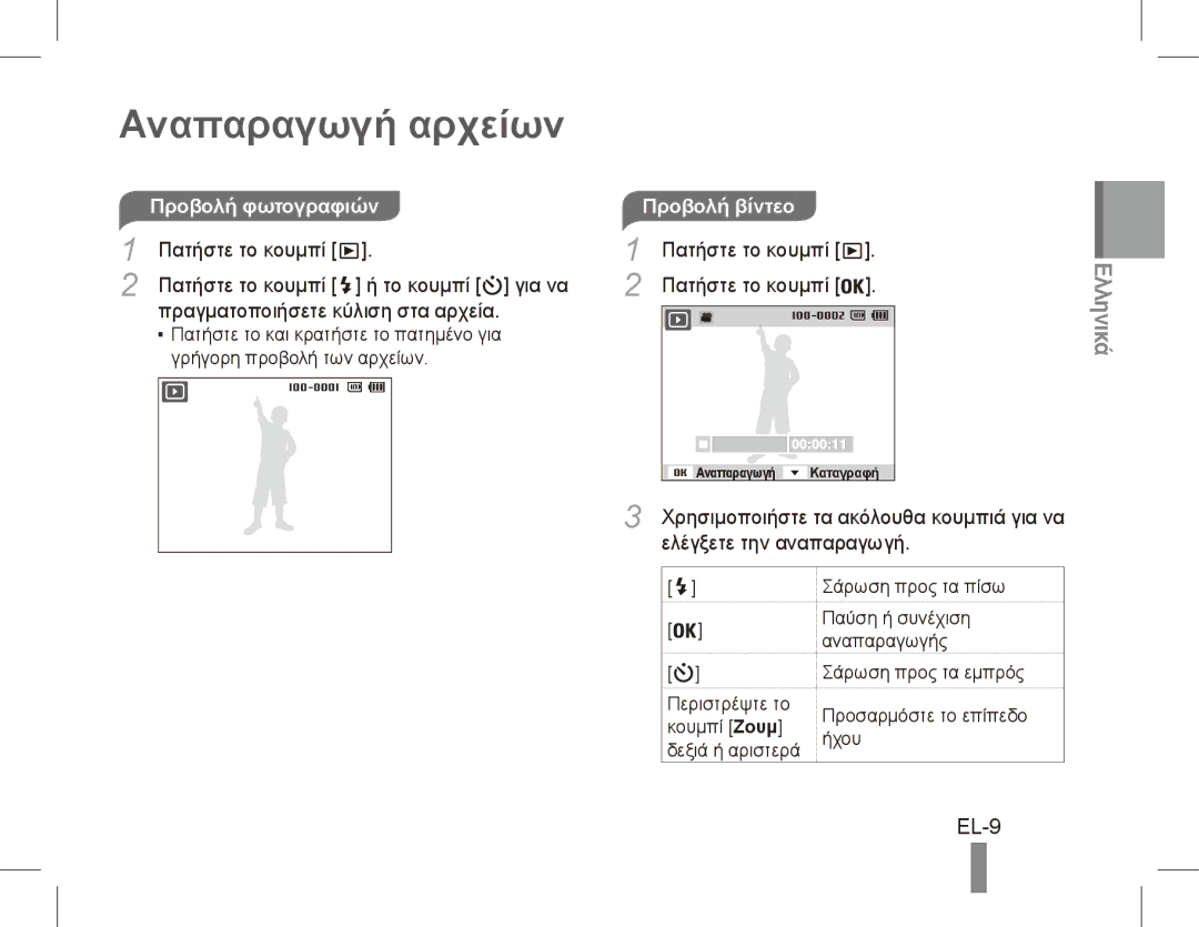 Samsung EC-ST70ZZBPUIL manual Αναπαραγωγή αρχείων, EL-9, Προβολή φωτογραφιών, Ελέγξετε την αναπαραγωγή, Προβολή βίντεο 