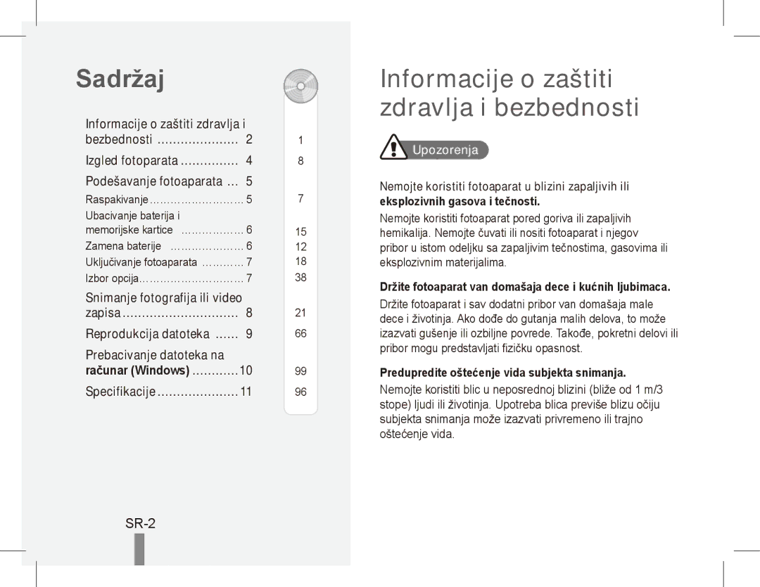 Samsung EC-ST71ZZBDUE1 manual Sadržaj, Informacije o zaštiti zdravlja i bezbednosti, SR-2, Snimanje fotografija ili video 