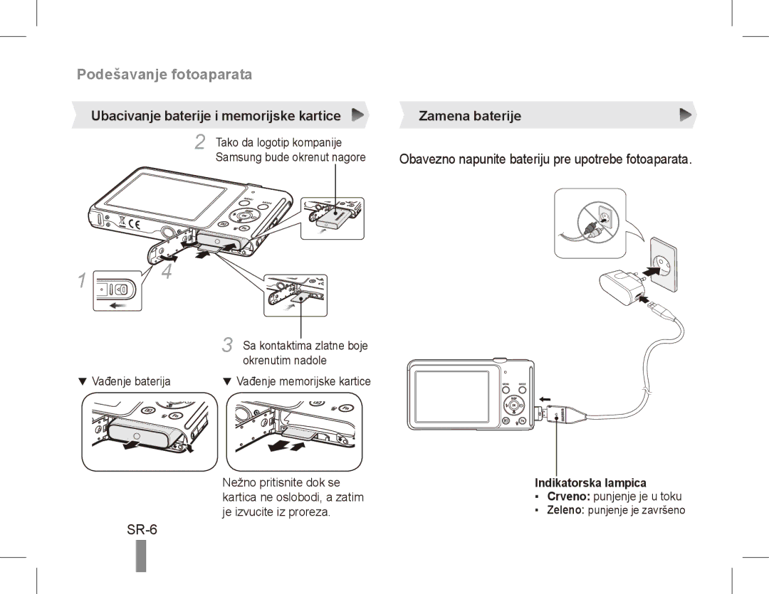 Samsung EC-ST71ZZBDBE1 manual Podešavanje fotoaparata, SR-6, Ubacivanje baterije i memorijske kartice Zamena baterije 