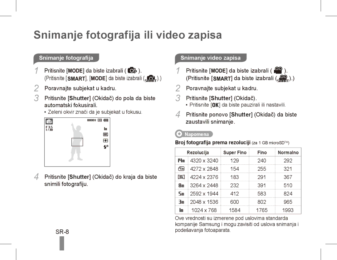 Samsung EC-ST70ZZBPBIT, EC-ST70ZZBPOE1, EC-ST71ZZBDSE1 Snimanje fotografija ili video zapisa, SR-8, Snimanje video zapisa 