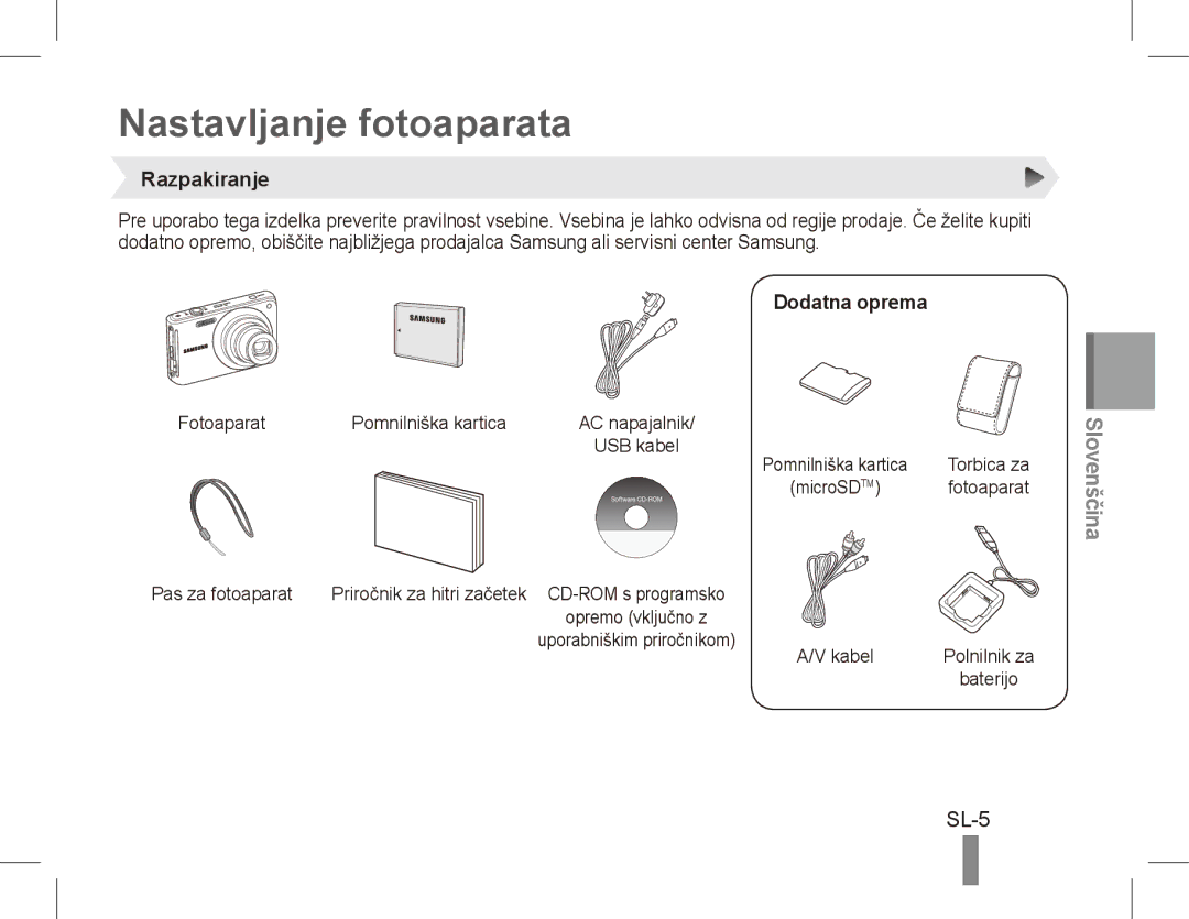 Samsung EC-ST70ZZBPSSA, EC-ST70ZZBPOE1, EC-ST71ZZBDSE1 manual Nastavljanje fotoaparata, SL-5, Razpakiranje, Dodatna oprema 