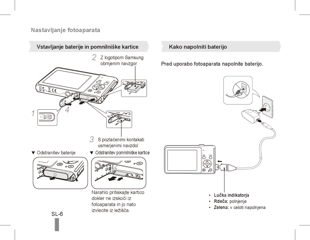 Samsung EC-ST70ZZDPSIR, EC-ST70ZZBPOE1 Nastavljanje fotoaparata, SL-6, Usmerjenimi navzdol, Zelena v celoti napolnjena 