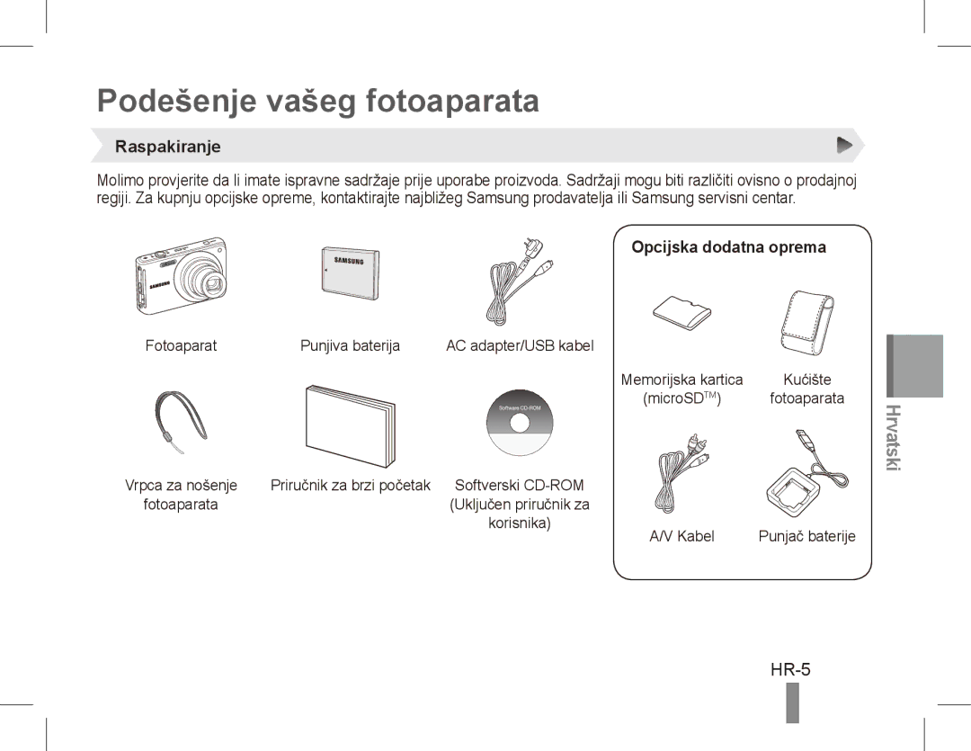 Samsung EC-ST70ZZBPUDX, EC-ST70ZZBPOE1 manual Podešenje vašeg fotoaparata, HR-5, Raspakiranje, Opcijska dodatna oprema 