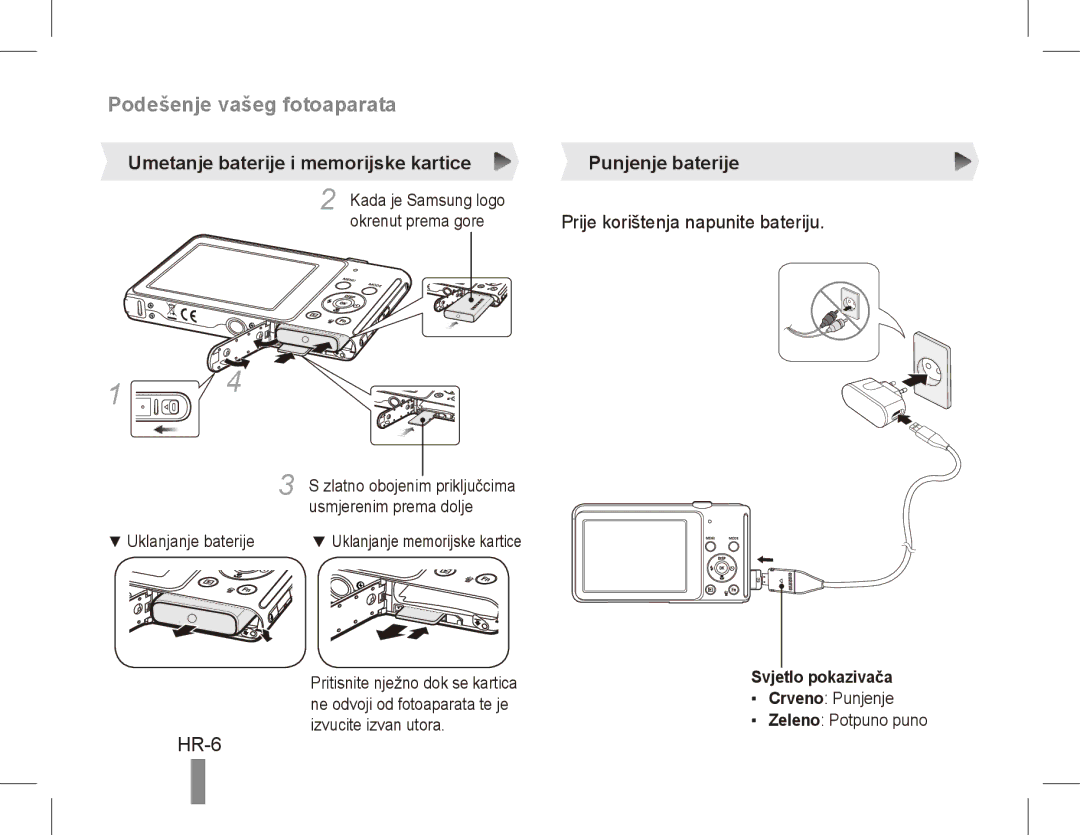 Samsung EC-ST70ZZDPOME manual Podešenje vašeg fotoaparata, HR-6, Umetanje baterije i memorijske kartice Punjenje baterije 