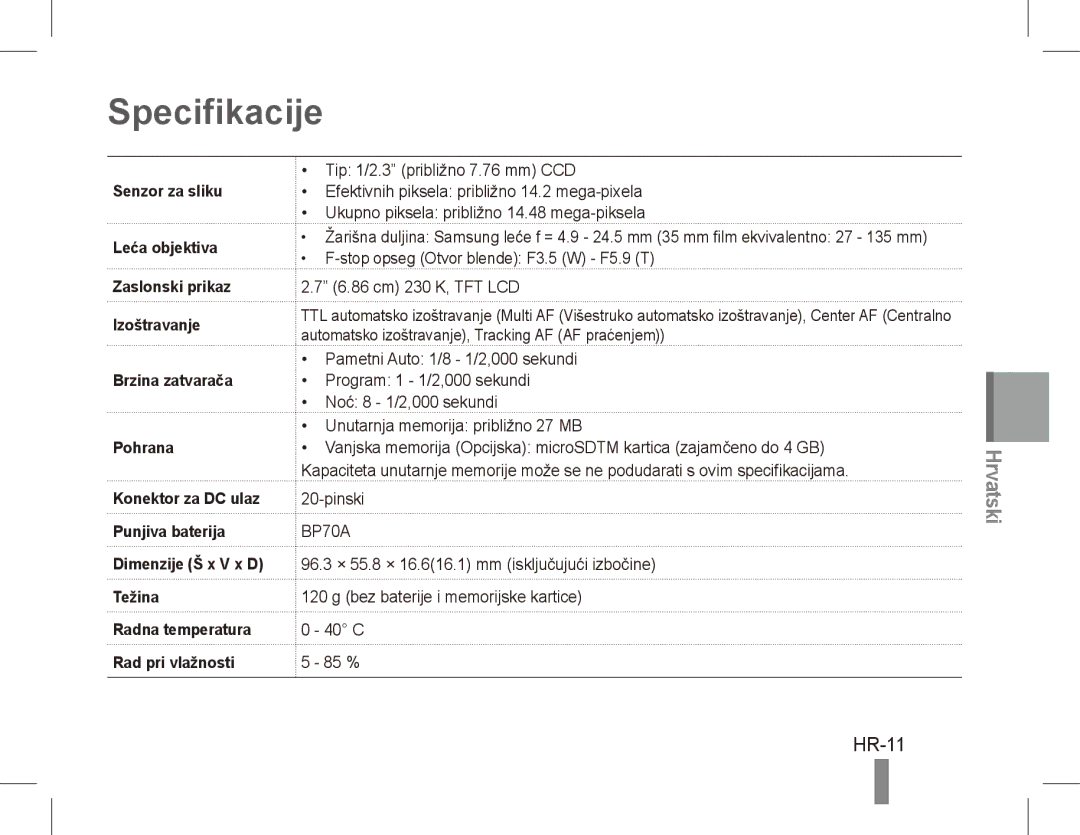 Samsung EC-ST70ZZDPUIR, EC-ST70ZZBPOE1, EC-ST71ZZBDSE1, EC-ST71ZZBDUE1, EC-ST70ZZBPUE1, EC-ST70ZZBPBE1 Specifikacije, HR-11 