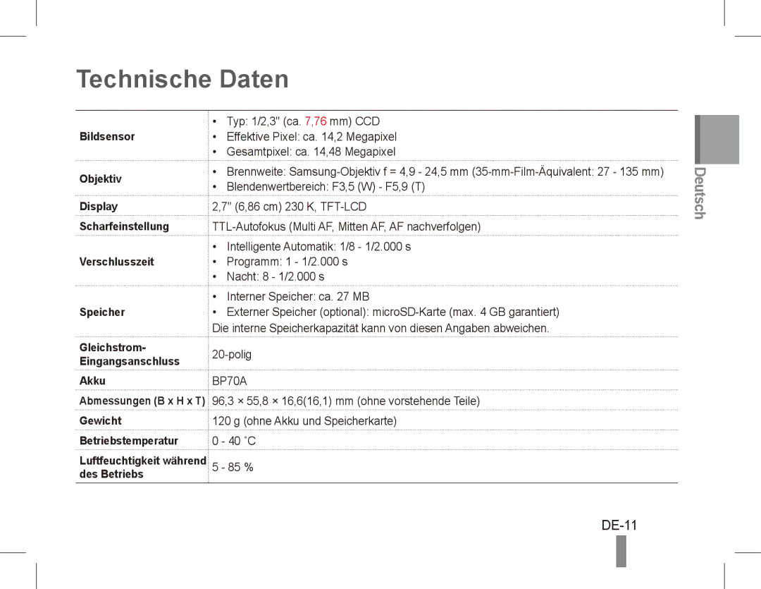 Samsung EC-ST70ZZBPSDZ, EC-ST70ZZBPOE1, EC-ST71ZZBDSE1, EC-ST71ZZBDUE1, EC-ST70ZZBPUE1, EC-ST70ZZBPBE1 Technische Daten, DE-11 