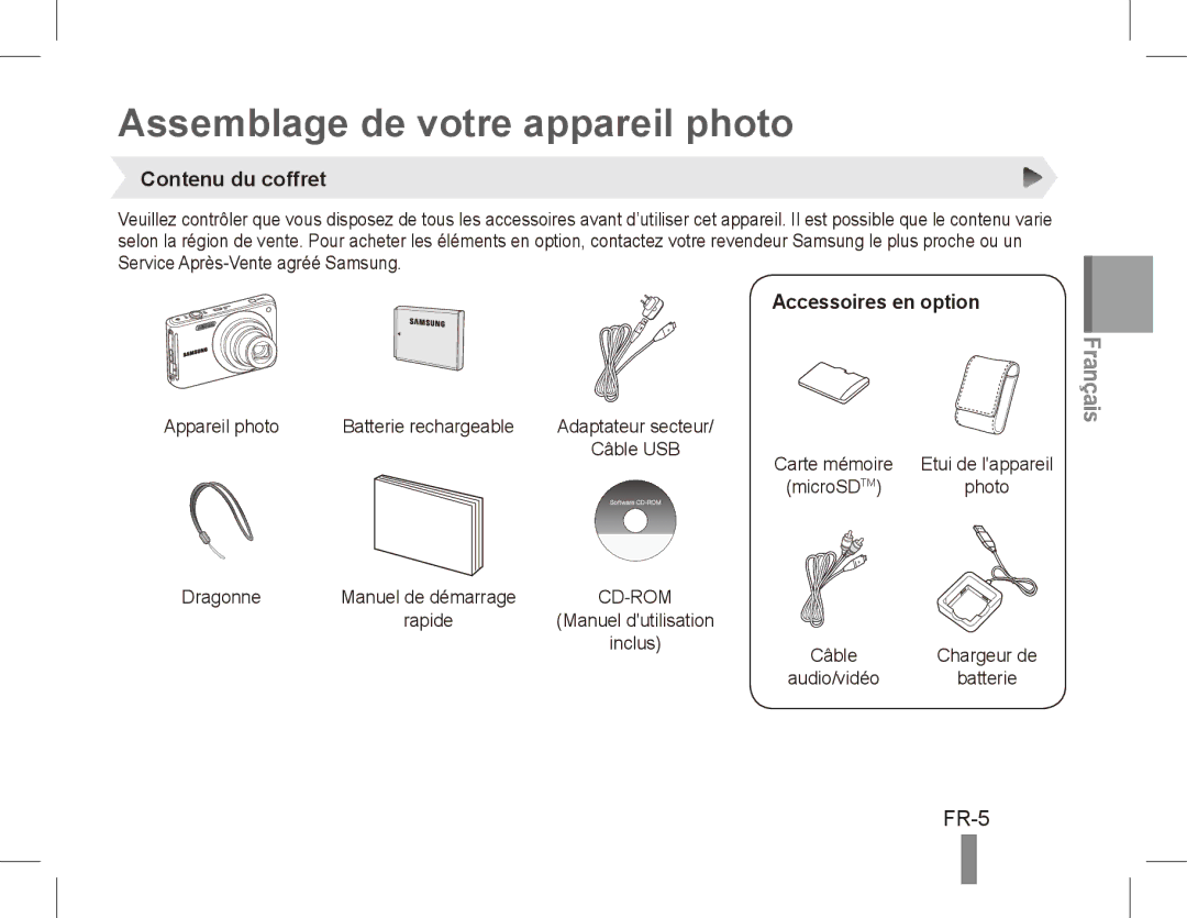 Samsung EC-ST70ZZBPUDX manual Assemblage de votre appareil photo, FR-5, Contenu du coffret, Accessoires en option, Rapide 