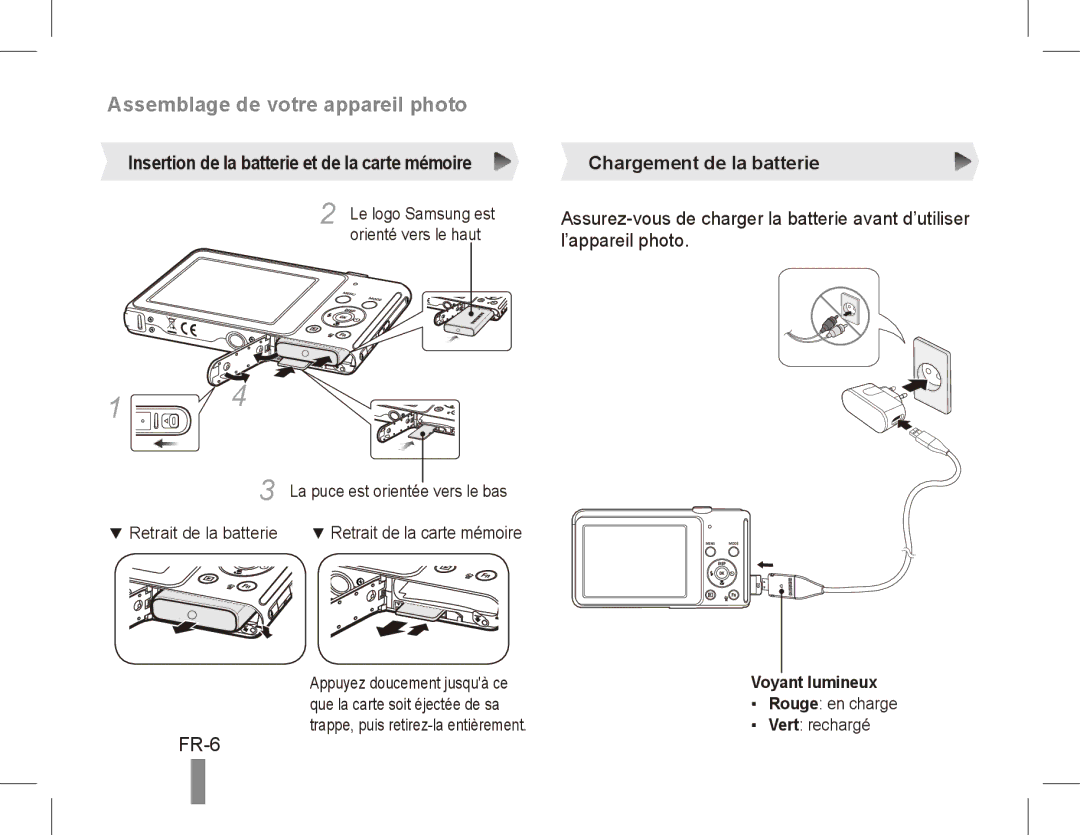 Samsung EC-ST70ZZDPOME manual Assemblage de votre appareil photo, FR-6, Insertion de la batterie et de la carte mémoire 