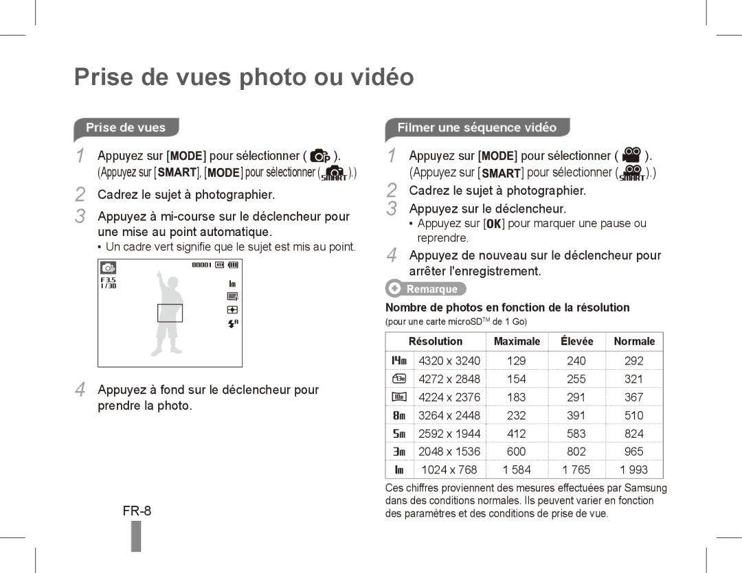 Samsung EC-ST70ZZBPBDX, EC-ST70ZZBPOE1, EC-ST71ZZBDSE1, EC-ST71ZZBDUE1, EC-ST70ZZBPUE1 Prise de vues photo ou vidéo, FR-8 