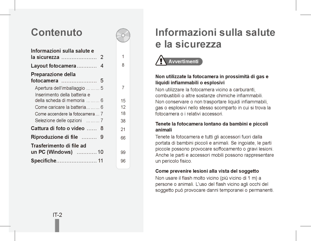 Samsung EC-ST70ZZBPSVN manual Contenuto, Informazioni sulla salute e la sicurezza, IT-2, Specifiche……………………, Avvertimenti 