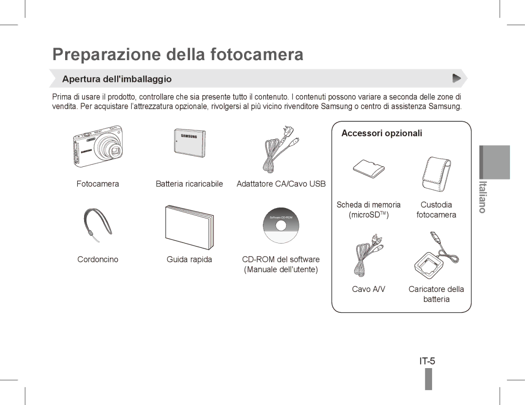 Samsung EC-ST70ZZBPBVN, EC-ST70ZZBPOE1 Preparazione della fotocamera, IT-5, Apertura dellimballaggio, Accessori opzionali 