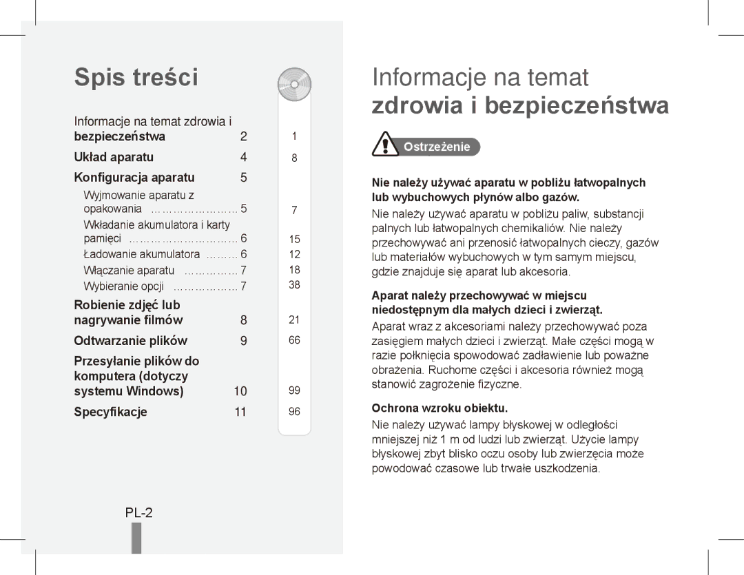 Samsung EC-ST70ZZBPBE2, EC-ST70ZZBPOE1 manual Spis treści, Informacje na temat zdrowia i bezpieczeństwa, PL-2, Ostrzeżenie 