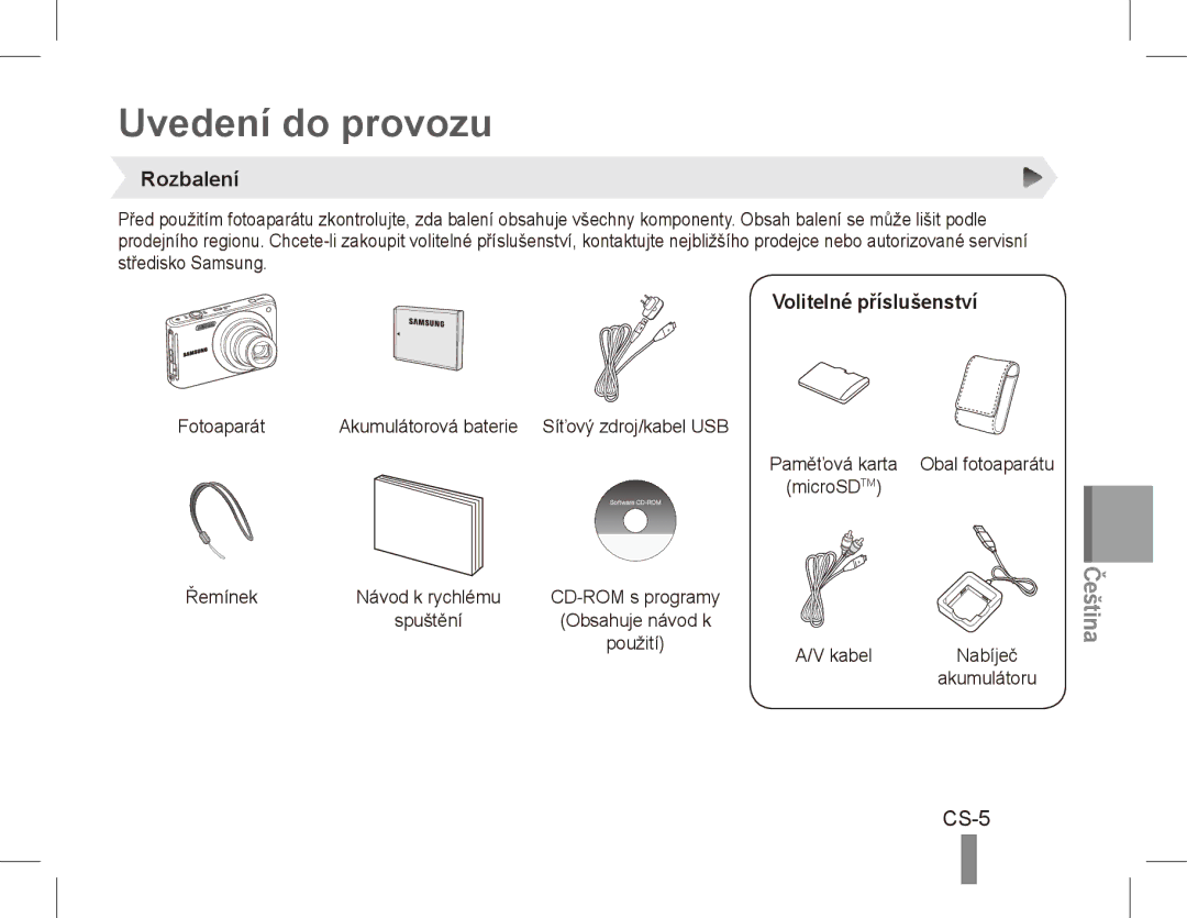 Samsung EC-ST70ZZBPOE1, EC-ST71ZZBDSE1, EC-ST71ZZBDUE1 manual Uvedení do provozu, CS-5, Rozbalení, Volitelné příslušenství 