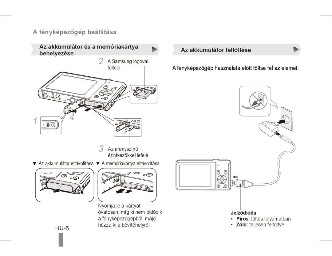 Samsung EC-ST70ZZBPSDZ, EC-ST70ZZBPOE1, EC-ST71ZZBDSE1 Fényképezőgép beállítása, HU-6, Samsung logóval Felfelé, Jelződióda 