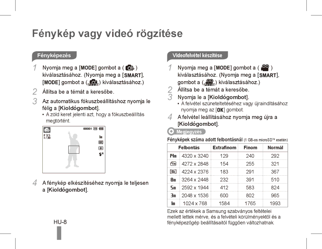 Samsung EC-ST70ZZDPOIR, EC-ST70ZZBPOE1 Fénykép vagy videó rögzítése, HU-8, Félig a Kioldógombot, Videofelvétel készítése 