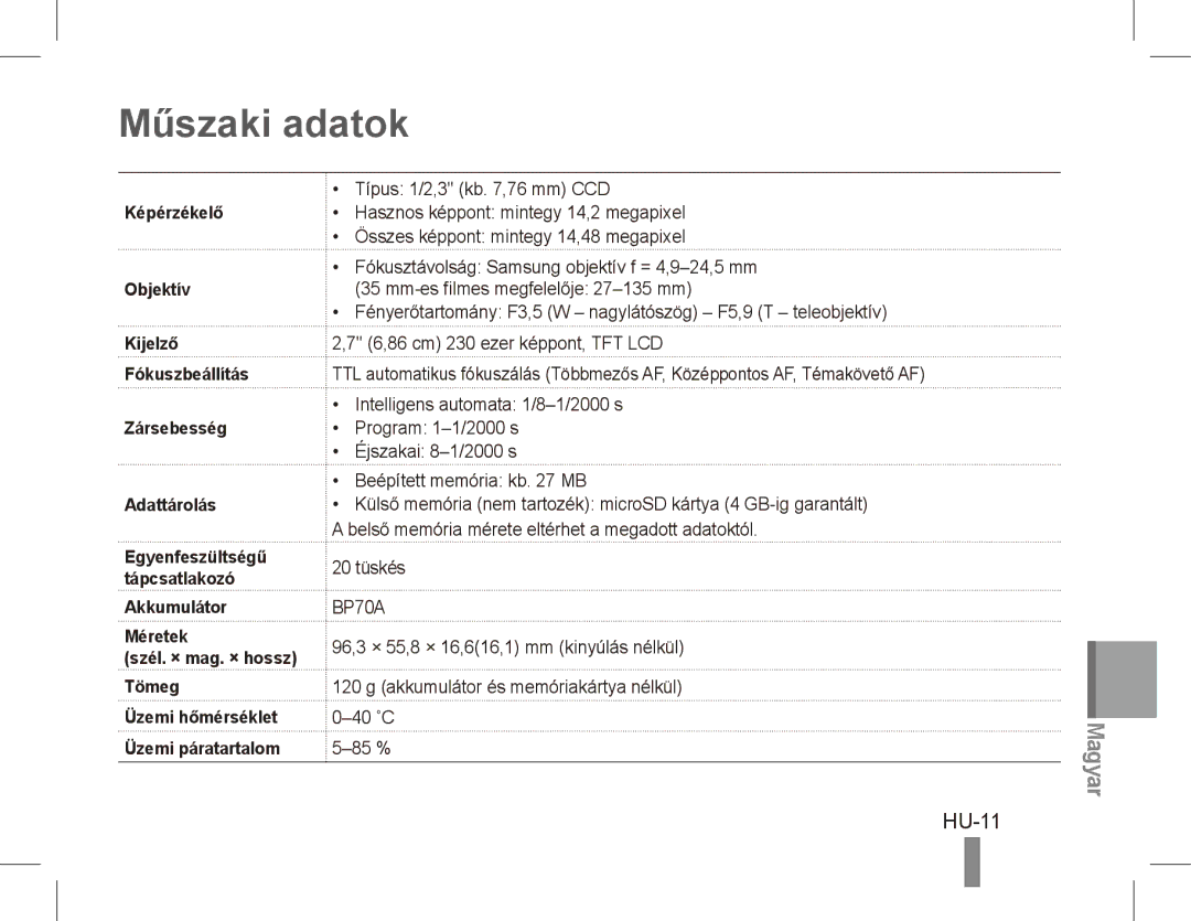 Samsung EC-ST70ZZDPOME Műszaki adatok, HU-11, Típus 1/2,3 kb ,76 mm CCD, Képérzékelő, Mm-es filmes megfelelője 27-135 mm 