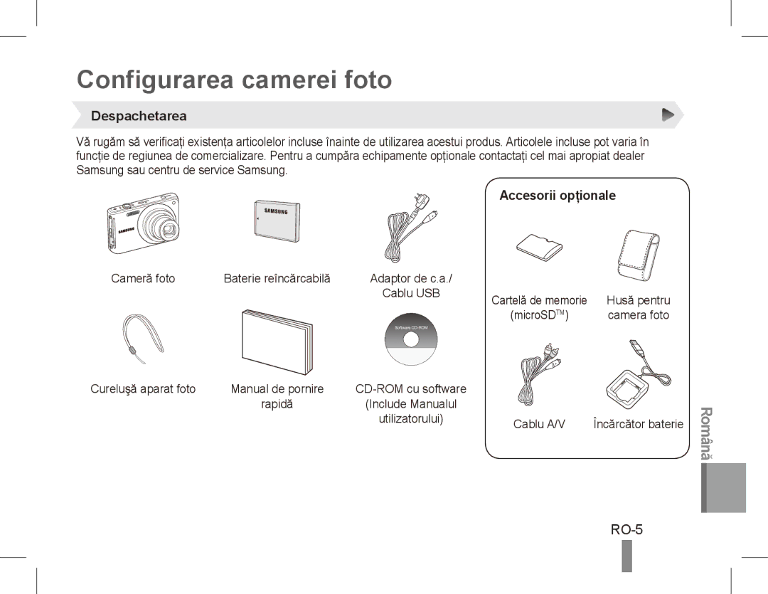 Samsung EC-ST70ZZDPSME, EC-ST70ZZBPOE1 manual Configurarea camerei foto, RO-5, Despachetarea, Accesorii opţionale, Rapidă 