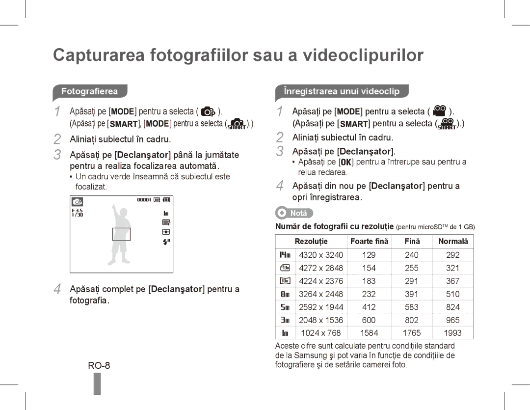 Samsung EC-ST70ZZBPUVN, EC-ST70ZZBPOE1, EC-ST71ZZBDSE1 Capturarea fotografiilor sau a videoclipurilor, RO-8, Fotografierea 