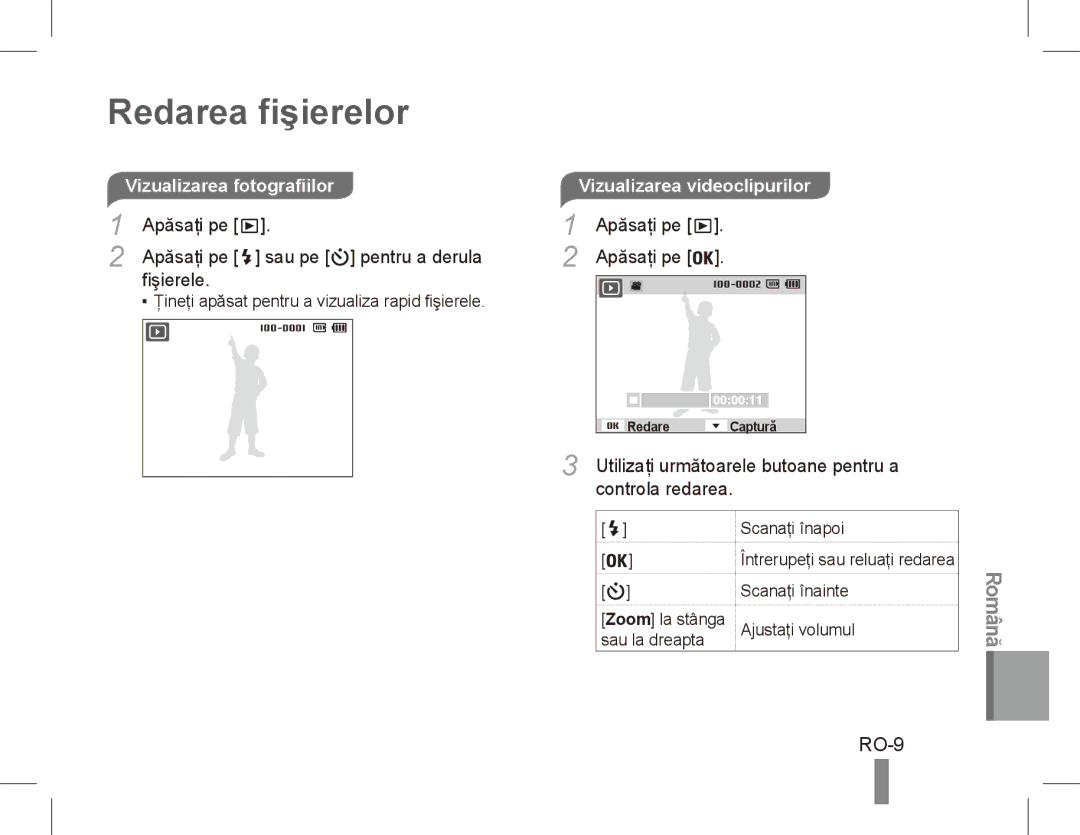 Samsung EC-ST70ZZBDBVN Redarea fişierelor, RO-9, Apăsaţi pe Sau pe pentru a derula Fişierele, Vizualizarea videoclipurilor 